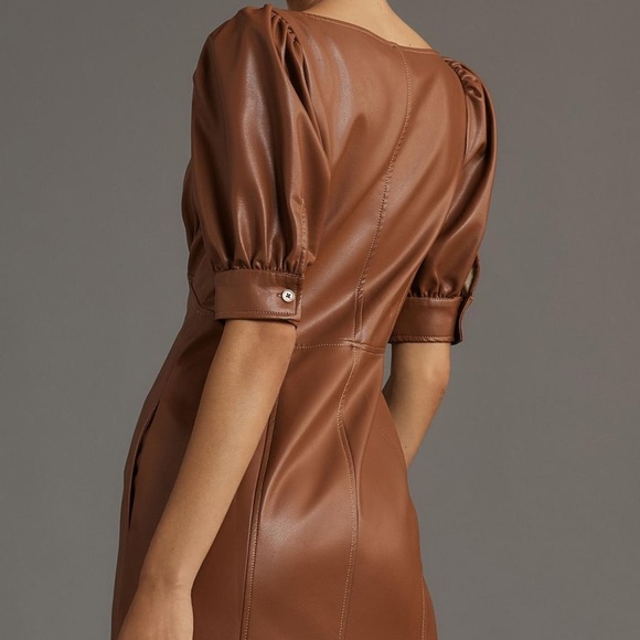 Anthropologie Faux Leather Puff-Sleeve Zip-Front Midi Dress - Picture 2 of 3
